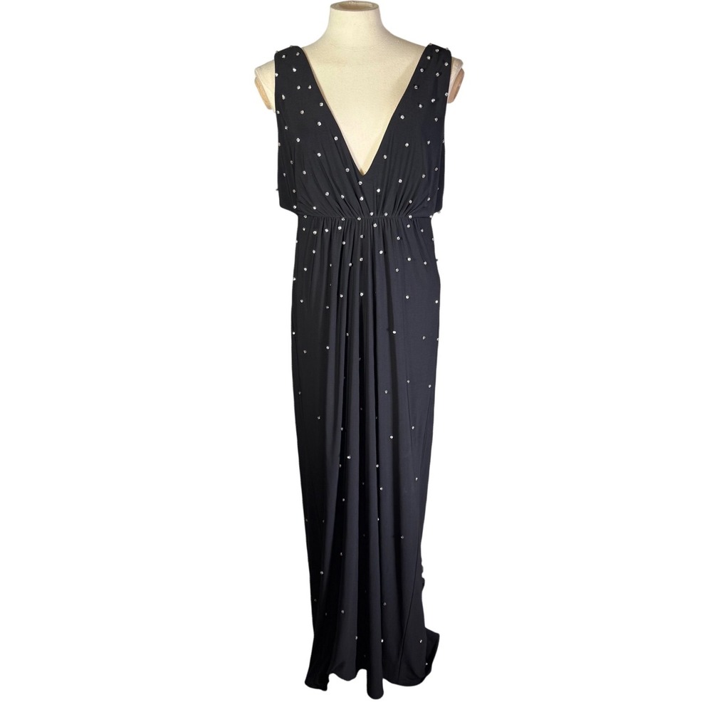 Mac Duggal 68353 Black Rhinestone V-Neck Open Back Maxi Gown Dress Womens 12W
